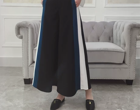 大英自制 三色拼接阔腿裤女韩版宽松宽松休闲...