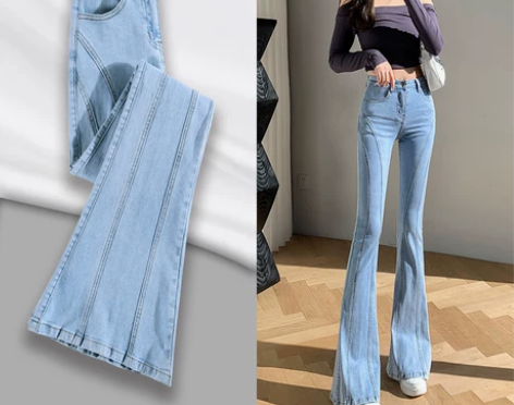 浅蓝色喇叭牛仔裤女长裤2022春夏新款高腰...