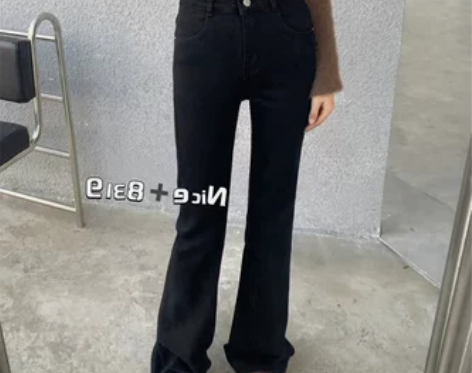 高腰微喇叭牛仔裤女秋冬薄绒显瘦长裤 在店里...