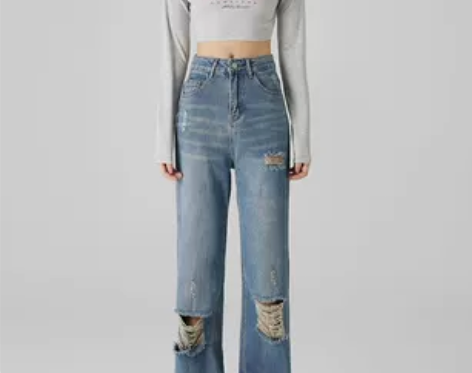 TROZZ国潮复古蓝破洞牛仔裤女2022新...