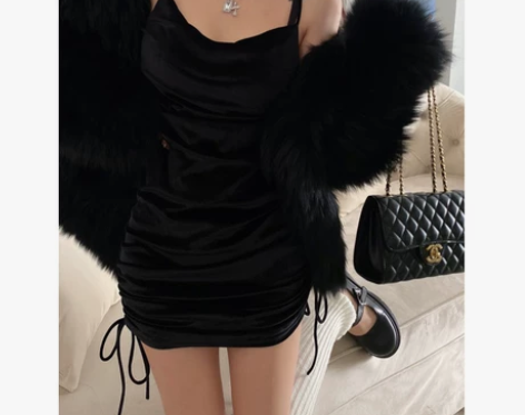 韩国chic风性感包臀裙抽绳丝绒打底吊带连...