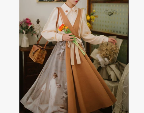 花间裳/克里斯丁/文艺复古修身小众感印花丝...