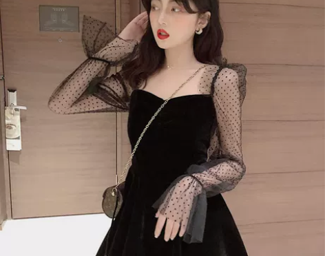 春装2019新款法国小众连衣裙女春秋网纱袖...