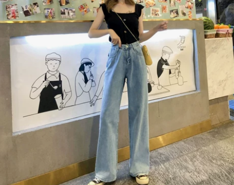 拖地风泫雅牛仔裤女高腰阔腿夏薄垂感老爹坠感...