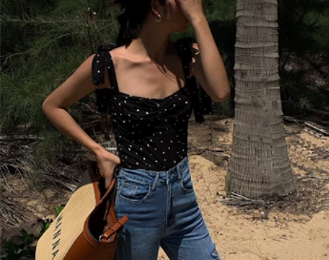 HUYIFAN波点短款绑带小吊带背心女夏设...