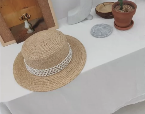 法式小香风格珍珠拉菲草帽子女夏出游百搭优雅...