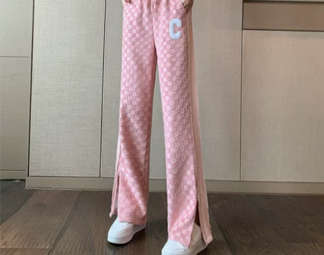 粉色棋盘格子微喇阔腿裤女2022春夏新款高...