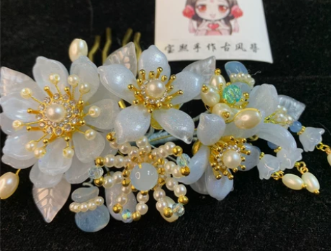 原创#浅蓝银粉茉莉发梳#汉服发饰#古风百搭...
