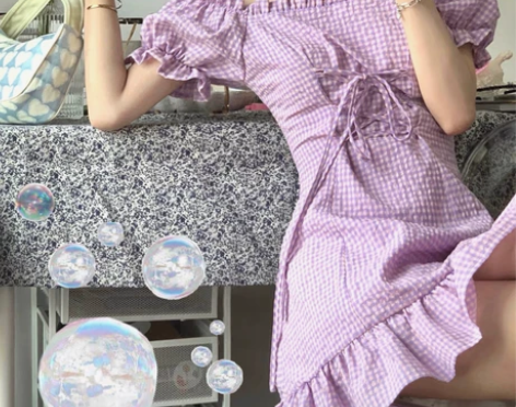 法式桔梗裙初恋小个子方领泡泡袖紫色连衣裙女...