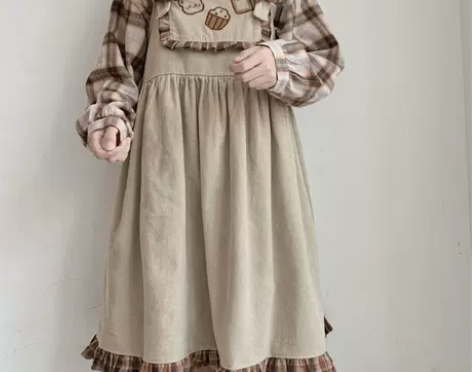 秋季日系少女软妹可爱熊学生韩版宽松拼接格子...
