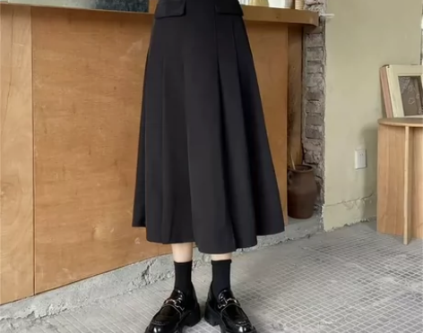 胖MM气质黑色半身裙中长款百褶裙女 大码高...