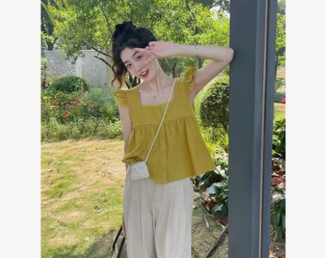 小飞袖方领荷叶边背心短款棉麻上衣女亚麻无袖...