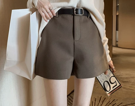 毛呢短裤女秋冬新款高腰显瘦休闲纯色短裤烟管...