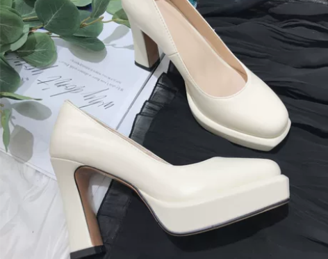 2021秋款浅口单鞋真皮粗高跟防水台方头小...