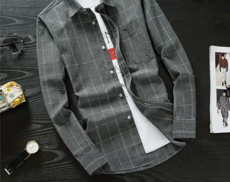 秋季长袖格子衬衫男士韩版修身青少年条纹衬衣...