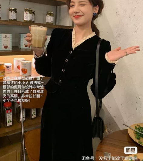小优雅~显瘦实在超绝!别致的假两件丝绒连衣...