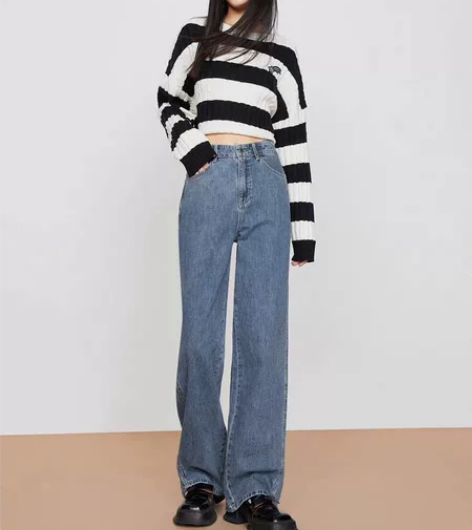 ONLY 新款潮流错落高腰宽松阔腿老爹牛仔...