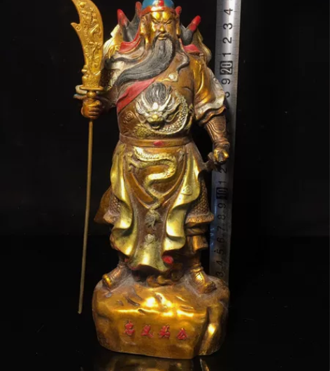 古玩古董文玩杂项收藏，纯铜彩绘鎏金关公，工...