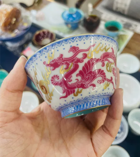 議匀堂窑口货古龙,手工拉坯手工绘制,堆桃红...