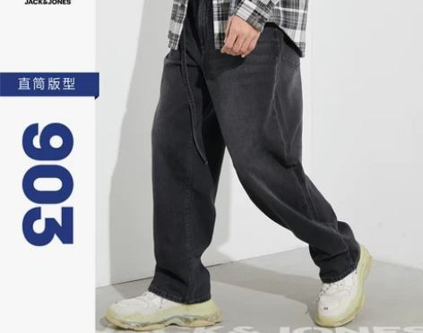 杰克琼斯秋季男士牛仔裤直筒棉质舒适百搭酷黑...