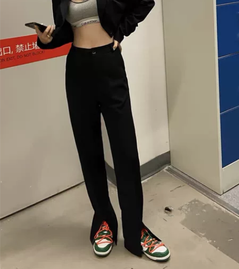 开叉直筒裤女高腰裤子显瘦春夏新款百搭休闲阔...