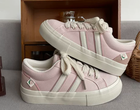 美式复古粉色帆布鞋女2023春季新款ins...