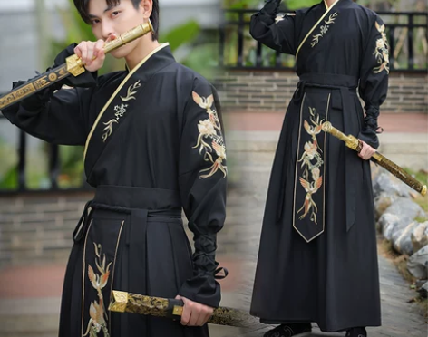 中国风古装大码交领长袖二件套重工汉服男冬黑...