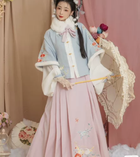 玉术原创汉服女啾啾方领半袖披袄明制百迭裙褶...
