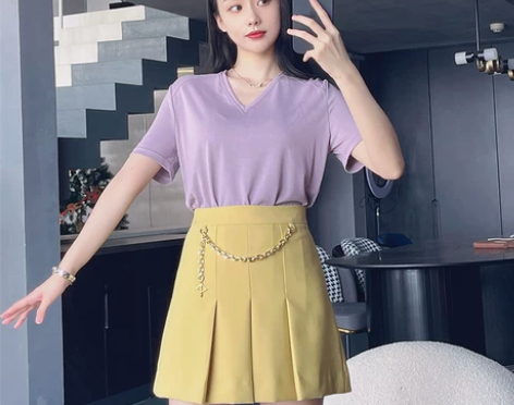 2021SVLI夏季短裙女A字裙压褶半裙高...