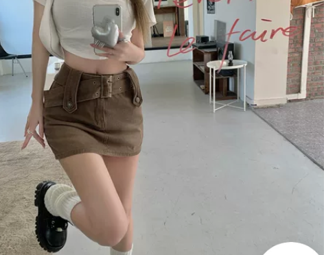 美式复古高腰咖色半身裙女夏季设计感小众辣妹...