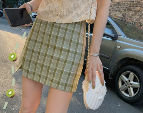 美美的夏夏 牛油果绿格子半身裙夏A字裙高腰...