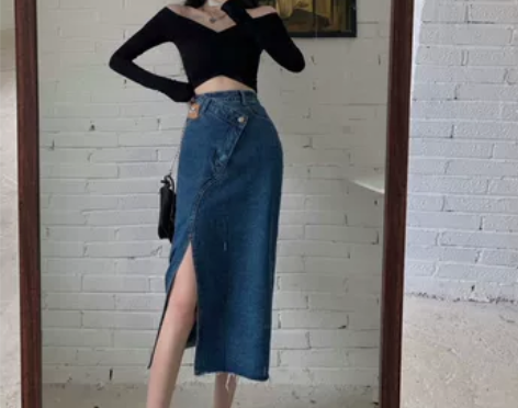 大码牛仔半身裙女胖mm夏季不规则侧开叉A字...