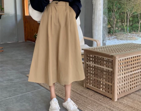 卡其色半身裙女中长款秋冬口袋工装a字裙夏大...
