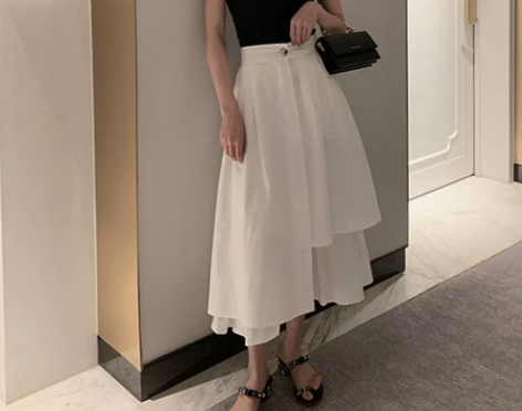 复古宽松高腰A字裙过膝中长不规则半身裙早秋...