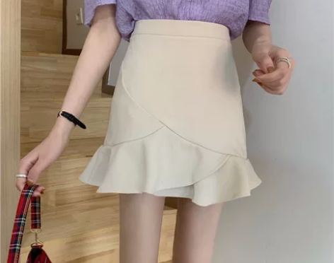 包臀半身裙 荷叶边 高腰A字裙 短裙 杏色...