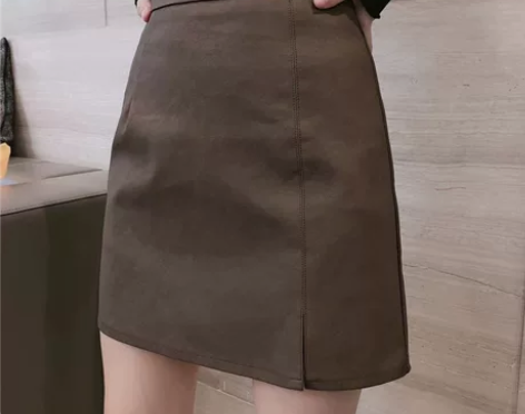 咖色皮裙半身裙女大码秋季韩版高腰a字裙开叉...