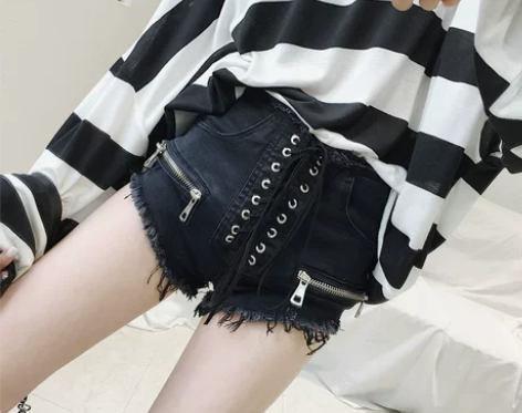 MANBO 韩版高腰流苏毛边牛仔短裤女春夏...