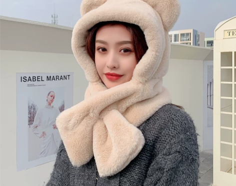 一体围脖帽子女冬天加厚保暖仿兔绒帽可爱小熊...