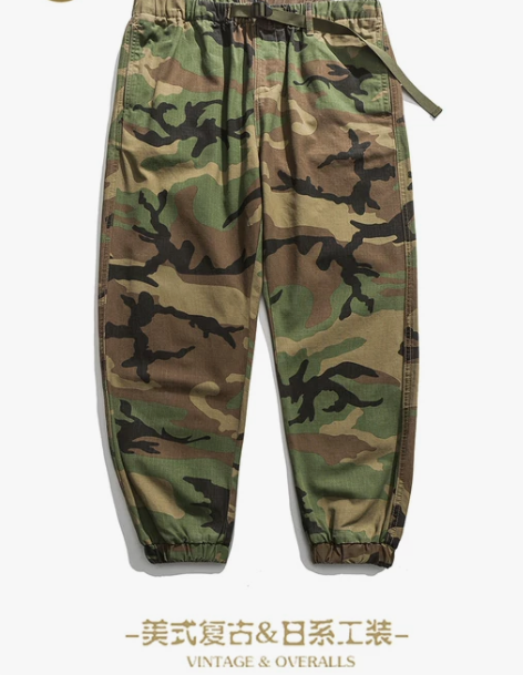 迷彩工装裤男美式复古抽绳松紧腰裤百搭长裤子...
