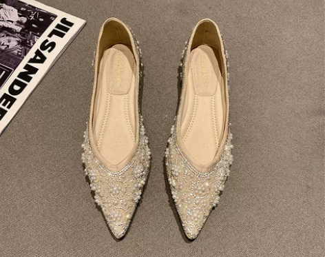 珍珠尖头单鞋女2021年春秋季新款浅口仙女...