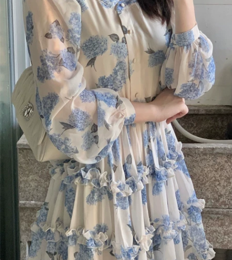 全新未拆封带吊牌长袖雪纺碎花连衣裙2022...