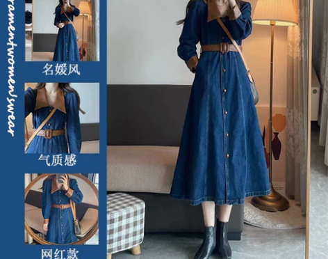 撤柜女装尾货清仓法式小香风高级感牛仔连衣裙...