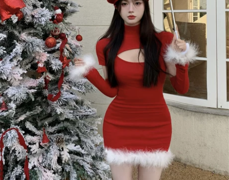 纯欲冬装新年连衣裙女微胖辣妹性感包臀裙大码...