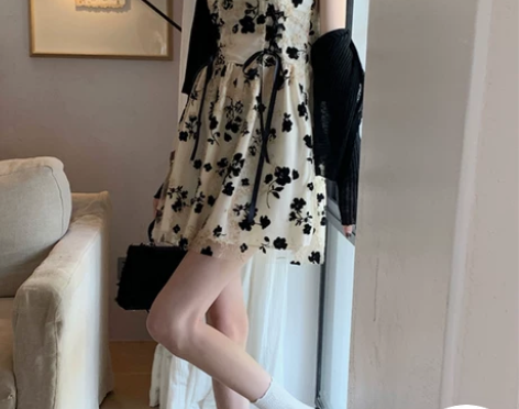 大码胖MM蕾丝碎花连衣裙女夏季新款甜辣绑带...