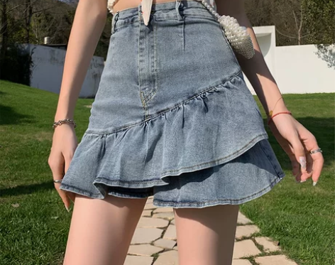 牛仔鱼尾裙女夏薄款半身裙复古高腰a字荷叶边...