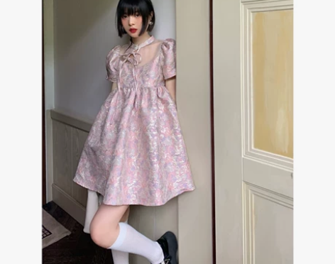 乌龙羊/泡泡袖碎花连衣裙女夏公主风蓬蓬裙女...