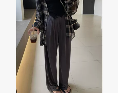 灰色冰丝铜氨丝阔腿裤女夏高腰空气感抖抖裤休...
