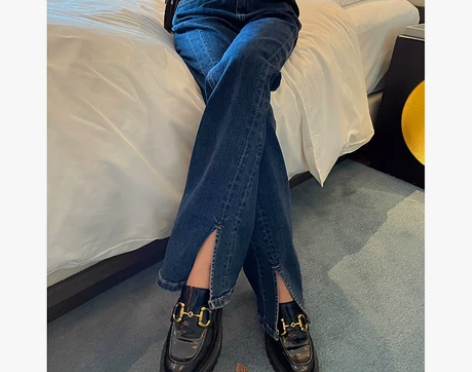 前开叉蓝色微喇叭牛仔裤女2021秋季韩版高...