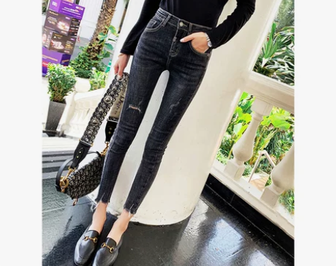 黑灰色破洞高腰小脚加绒牛仔裤女九分2022...