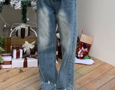 橘子树在哪儿破洞毛边拖把裤女春季宽松阔腿小...